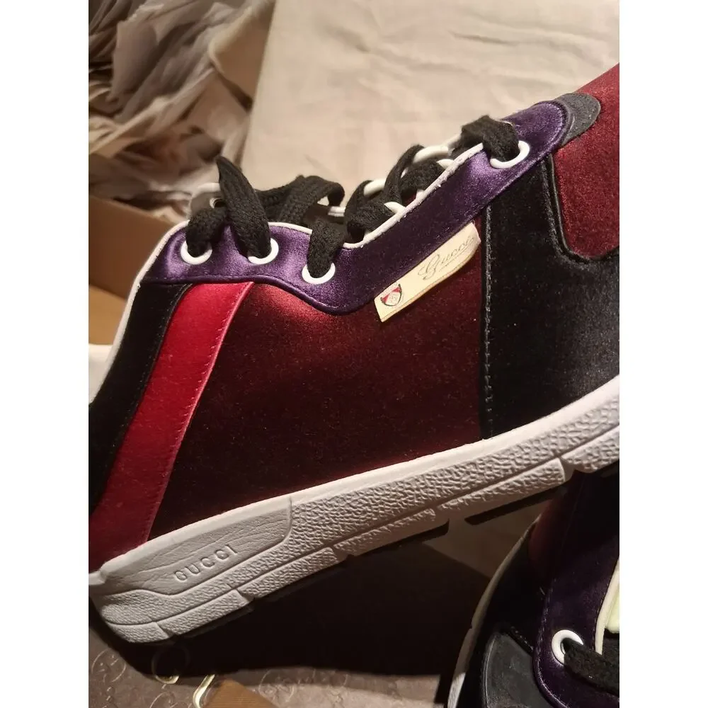 NIB GUCCI 3366 MULTICOLOR BLACK BURGUNDY GUCCI LOGO SATIN SNEAKERS TRAINERS 13.5